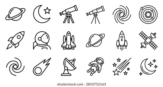 Space and astronomy line icon set for science education with astronomy telescope astronaut exploration universe satellite cosmonaut milkyway
