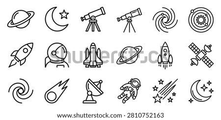 Space and astronomy line icon set for science education with astronomy telescope astronaut exploration universe satellite cosmonaut milkyway