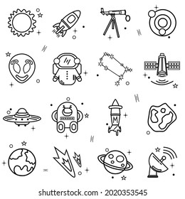 Space and astronomy line icons set - spacecraft, satellite, celestial bodies, solar system, galaxy, constellation, UFO or flying saucer, alien, observatory, telescope. Monochrome vector illustration 