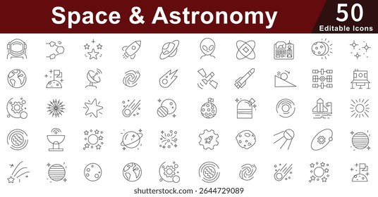 Ícones da linha de espaço e astronomia - Universo, planetas, galáxia, estrelas e conjunto de vetor de exploração