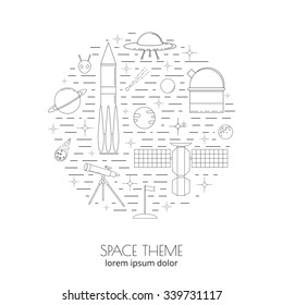 Space and astronomy linear icons composed in circle shape. Planets, stars, rocket, ufo, alien, satellite, asteroid, moon, flag, telescope.