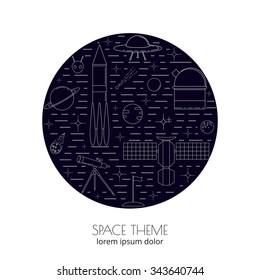 Space and astronomy linear icons composed in circle shape. Planets, stars, rocket, ufo, alien, satellite, asteroid, moon, flag, telescope.