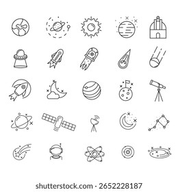 Astronomia espacial planeta satélite telescópio galáxia astronauta órbita foguete ciência OVNI estrela lua cometa átomo ícone set ilustração.