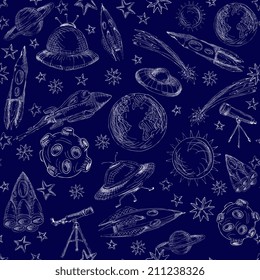 Space and astronomy planets and rockets hand drawn seamless pattern vector illustration.