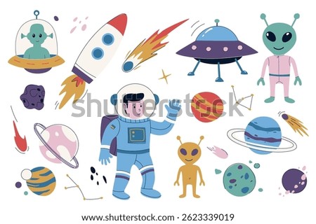 Space and astronomy set in flat graphic design. Collection isolated elements of aliens, ufo spacecraft, rocket, meteorite, planets, astronaut, spaceship, stars, asteroids, other. Vector illustration.