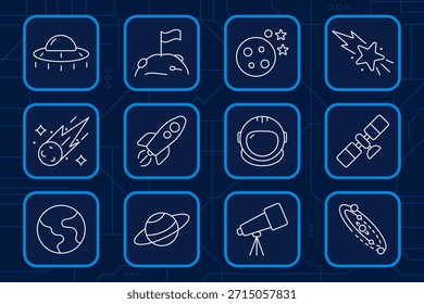 O espaço e a astronomia definem o ícone. Foguete, astronauta, OVNI, telescópio, Terra, Saturno, Lua, estrelas, satélite, meteoro, galáxia, exploração, ciência.