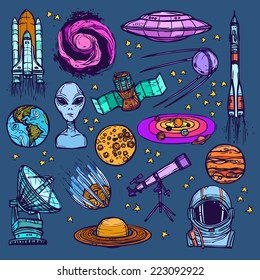 Space and astronomy sketch colored decorative icons set of satellite alien planets isolated vector illustration