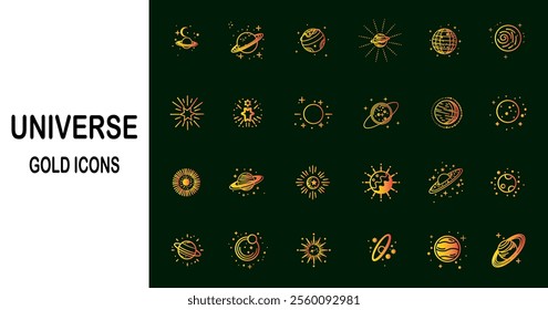 Space and astronomy thin line icons. universe gold icons.