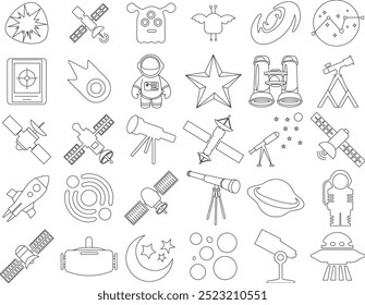 Conjunto de iconos de Vector de astronomía espacial para logotipo y camiseta. Contiene Cometa, Asteroide, Astronauta, Planeta Tierra, Cosmos, Estrella, Telescopio, Galaxia, Nave Espacial, Luna, Extraterrestre.