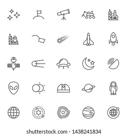 space astronomy vector icons big set isolated on white background. space travel concept. space outline icons for web and ui design.