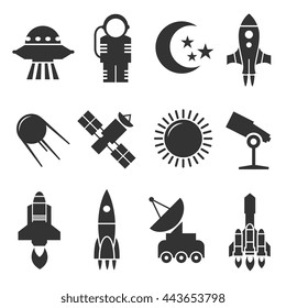 Space and astronomy vector icons. Rockets and satellites, planets and astronaut vector signs