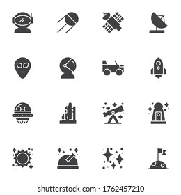 Space, astronomy vector icons set, modern solid symbol collection, filled style pictogram pack. Signs, logo illustration. Set includes icons as astronaut, spaceman, spacesuit, telescope, UFO spaceship