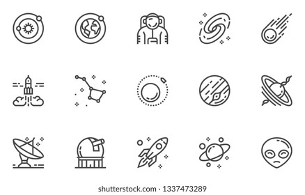 Space and Astronomy Vector Line Icons Set. Planets Of The Solar System, Stargazing, Observatory, Universe, Galaxy, Black Hole. Editable Stroke. 48x48 Pixel Perfect.