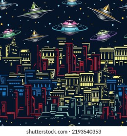 Space attack pattern seamless colorful vintage many flying saucers over city mythical UFO with aliens in sky vector illustration