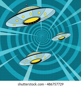 Space attack UFO, pop art retro vector illustration. The alien ships quickly fly