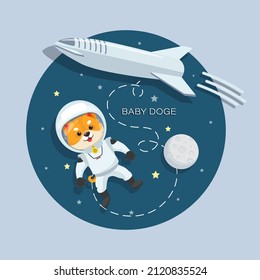 Space. Baby Doge astronaut. Meme tokens. Shiba inu in space. Cute dog in space suit. Travel to space. Emblem, sticker. Vector illustration for childrens clothing, business project. Vector illustration