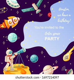 Space backdrop with planets, rocket, austronaut. Great for outer space party invitation, baby shower, birthday, education banner, astronomy poster. Vector illustration. Flat cartoon style design.