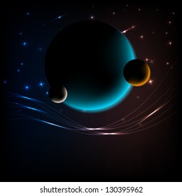 Space Background with 3 planets, glow lines and space for text