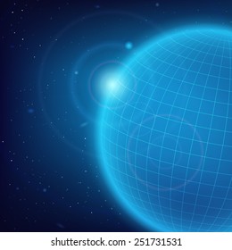 Space background with an abstract blue planet of meridians and parallels