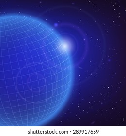 Space background with an abstract blue planet of meridians and parallels