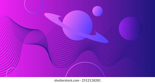 Space background with abstract shape and planets. Space exploring. Web banner. Blend design. Fluid. Vector illustration