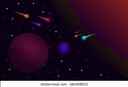 Space background abstract wiht gradient Space and planet shining stars and comets in dark space. Realistic cosmos Space sky with planet and satellite Colorful galaxy