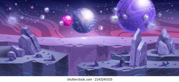 Space background, alien planet landscape, cosmic purple rocks, vector cartoon fantasy game banner. Neon futuristic cosmos illustration, night sky stars, fantastic stone surface. Space background