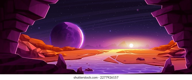 Space background with alien planet landscape. Mars surface with water stream in desert, red ground, mountains, moon, sun and stars in sky at sunset, vector cartoon illustration