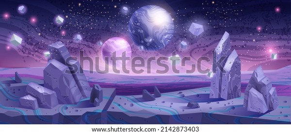 Space background, alien planet landscape,\
vector cartoon fantasy game banner, cosmic purple rocks. Neon\
futuristic cosmos illustration, fantastic stone surface, night sky\
stars. Space background