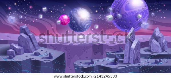 Space background, alien planet landscape,\
cosmic purple rocks, vector cartoon fantasy game banner. Neon\
futuristic cosmos illustration, night sky stars, fantastic stone\
surface. Space\
background