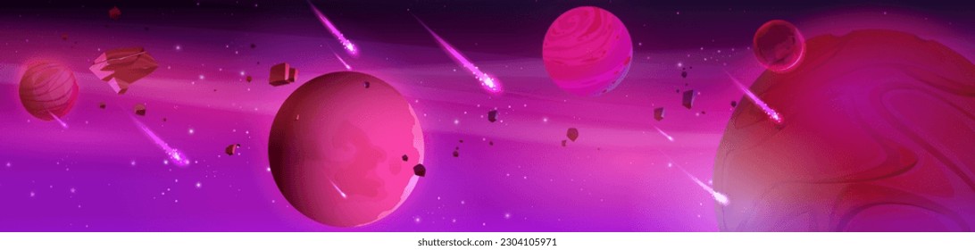 Space background with alien planets floating in sky, comets with neon light tails, rocky meteorites, stones falling. Vector cartoon illustration of cosmic adventure game universe. Dangerous galaxy