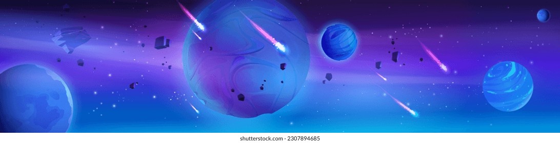 Space background with alien planets floating in sky, comets with neon light tails, rocky meteorites, stones falling. Vector cartoon illustration of cosmic adventure game universe. Dangerous galaxy