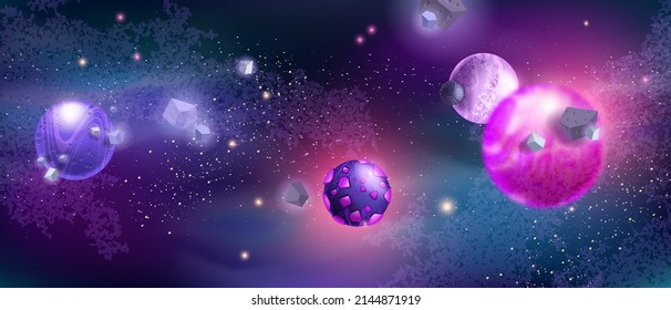 Space background, alien planets, stardust, cosmic rocks, vector galaxy universe cartoon game banner. Fantasy neon astronomy illustration, purple futuristic wallpaper, night sky. Space background