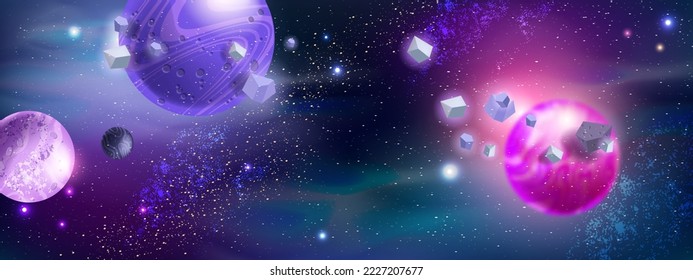 Space background, alien planets, stardust, vector galaxy universe cartoon game banner, cosmic rocks. Fantasy neon astronomy illustration, purple futuristic wallpaper, night sky. Space background