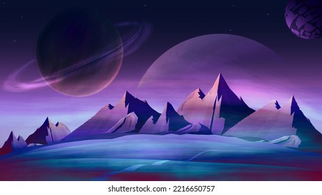 Space background, alien purple landscape with large planets and mountains on the horizon