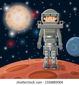 Space background. Asteroids and stars. Astronaut on a distant planet. Vector illustration