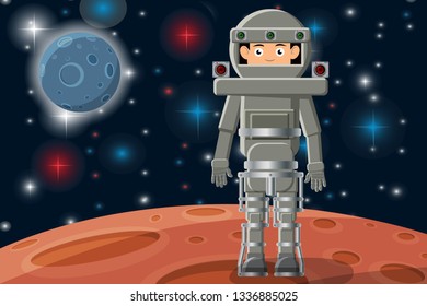 Weltraumhintergrund. Asteroide und Sterne. Astronaut auf einem fernen Planeten. Vektorgrafik