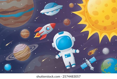 Space background with astronaut and planets