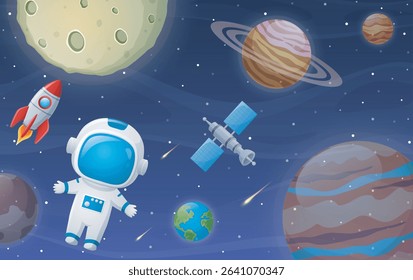 Space background with astronaut and planets