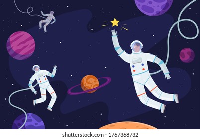 Space background. Astronaut in suit working on asteroids or moon professional cosmonaut vector person