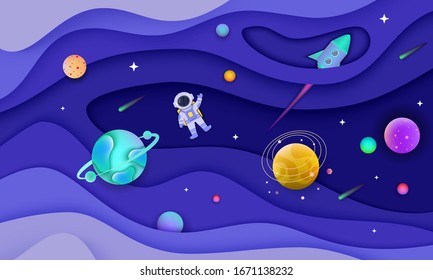 Space background and banner with astronaut and rocket, stars and planets. Space of the galaxy and the universe with blue waves, cartoon paper cut vector illustration.