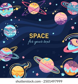 Space background banner with fantasy planets. Abstract galaxy template backdrop with planets cartoon design. Fantastic cosmos, celestial space spheres planet art. Vector design isolated illustration