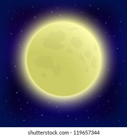 Space background, big bright moon in close-up and night starry sky. Vector eps10, contains transparencies