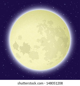 Space background, big bright moon in close-up and night starry sky. Vector