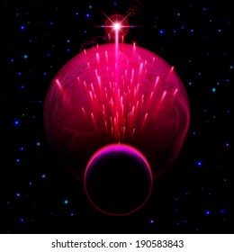 Space background. Big red planet and small one with star shower and bright flare