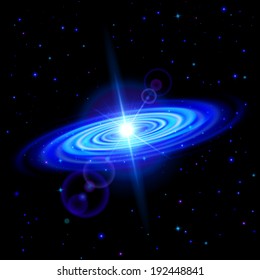 Space background. Blue galaxy with bright flare among stars in dark universe