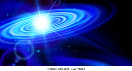 Space background. Blue galaxy with bright flash among stars in dark universe