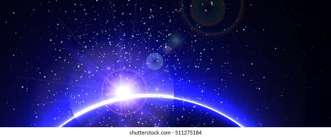 Space background with blue light from behind of the planet