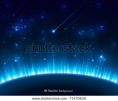 Space background with blue light from behind of the planet