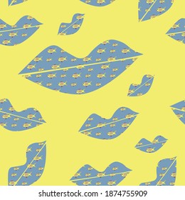 Space background blue lips painted over with a fish pattern on a yellow background. Seamless pattern . vector illustration for an unusual modern design